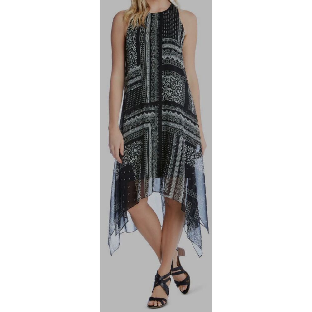 Karen Kane Black Paisley Handkerchief Hem Midi Dress Whimsical Goth Boho Crew M